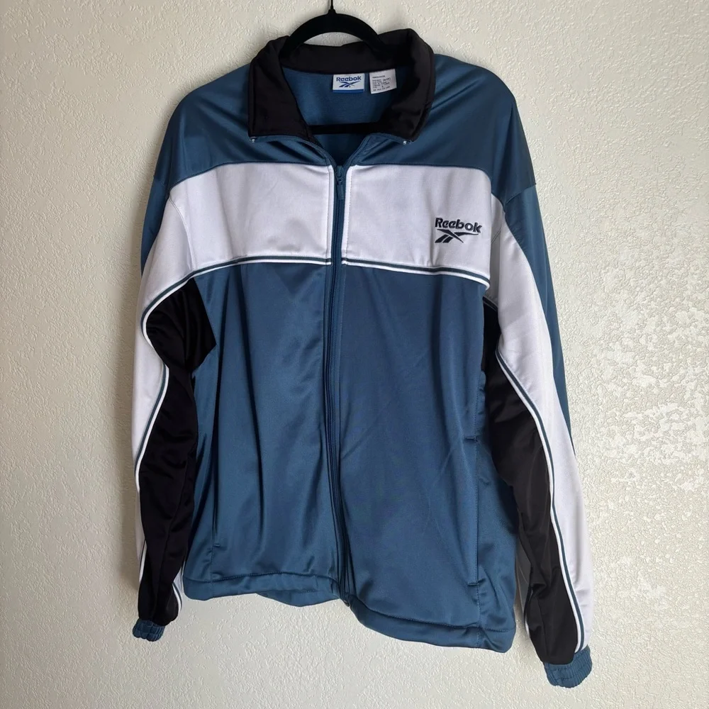 Vintage Reebok Jacket Mens Large White Blue Black Full Zip Pockets Track 90s